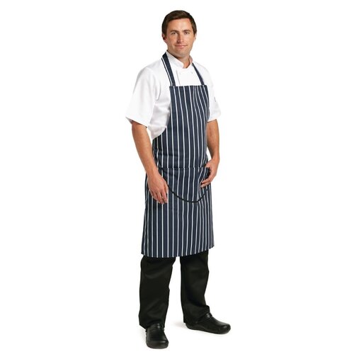 EDLP - Whites Bib Apron Blue/White Butchers Stripe with Pocket - 28-38"