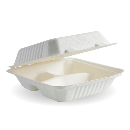 3 compartment hinged dinner pack, clamshell, sugarcane, 203x203x58mm (CTN 200)