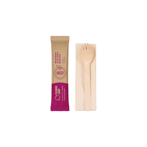 CLOSED LOOP WOODEN SPORK &amp; NAPKIN 160mm 2PC SET (C 400)