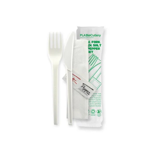 16.5cm (6.5") PLA knife fork napkin salt and pepper set - white - BioPak branded wrap Pack Size 250