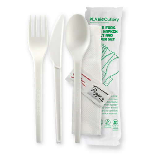 16.5cm (6.5") PLA knife fork spoon napkin salt &amp; pepper set - white - BioPak branded wrap Pack Size 250