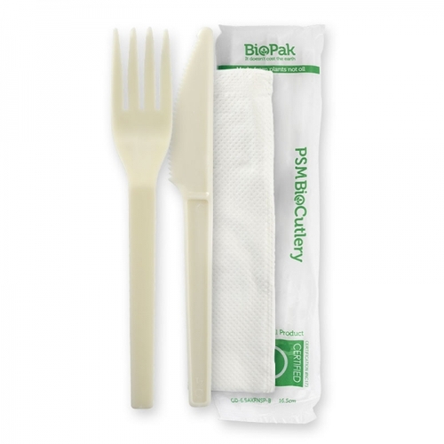 15cm (6") PSM knife fork and napkin set - natural white - BioPak branded wrap