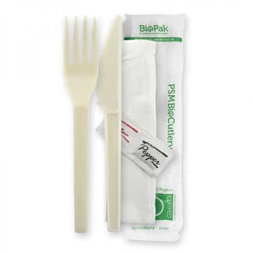 15cm (6") PSM knife fork napkin salt and pepper set - natural white - BioPak branded wrap