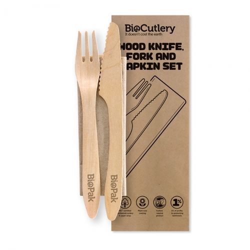 19cm coated knife fork and napkin set - FSC 100% - wood Pack Size 400